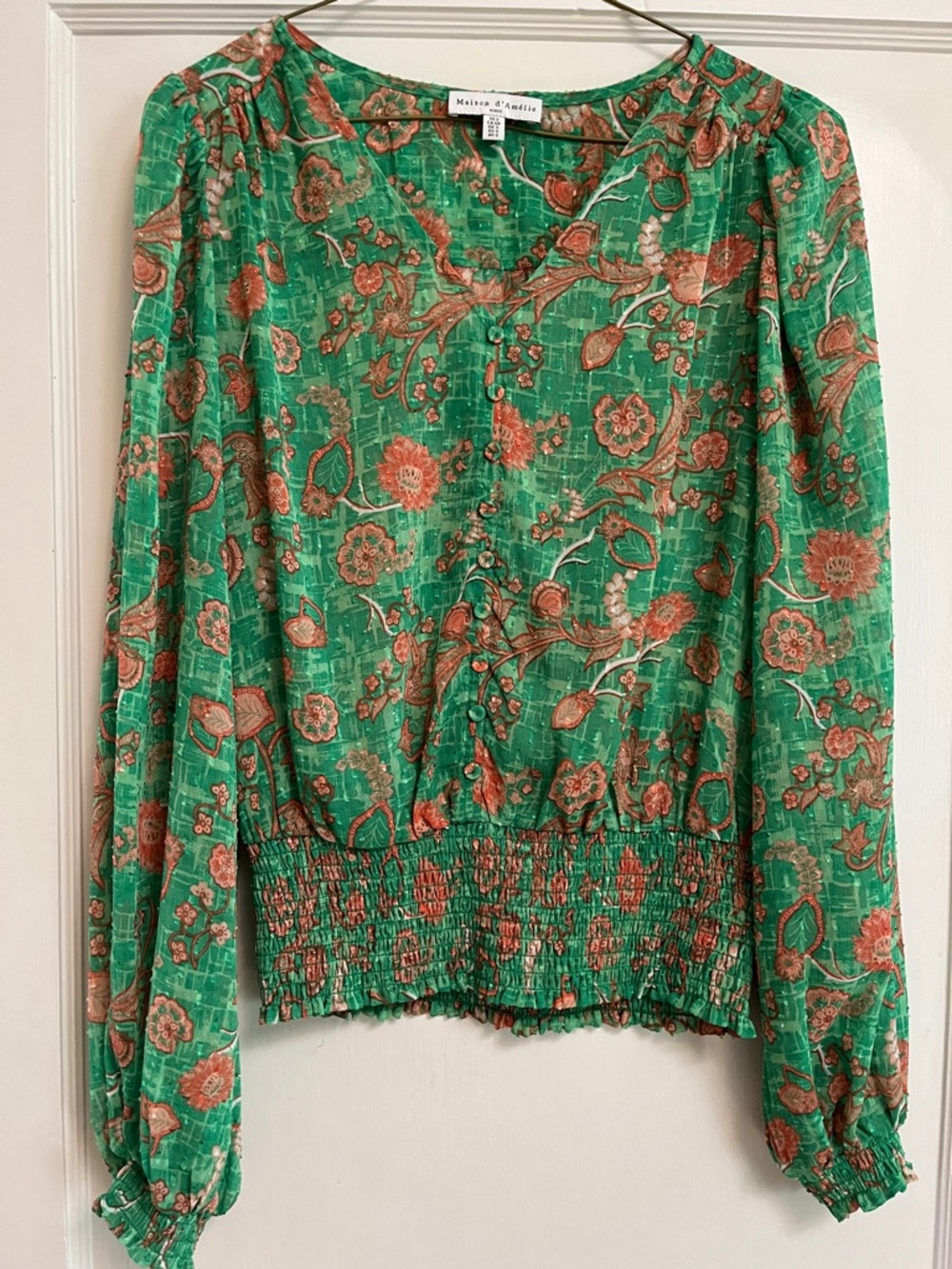 Maison d’Amelie Green Floral Smocked-Waist Long Sleeve Blouse